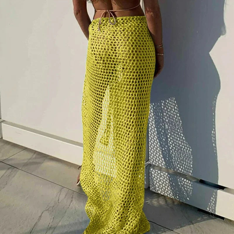 BWQ New Arrival Women Knitting Crochet Hollow Out Cover Up Solid Color Beach Dress Sexy Wrap Skirt Binding Rope Beach Wear