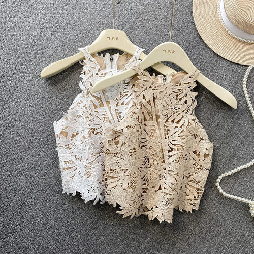 Chic Halter Shirts for Women Lace Floral Print Sleeveless Crop Tops Versatile Elegant Vacation Beach String Backless Tank Top