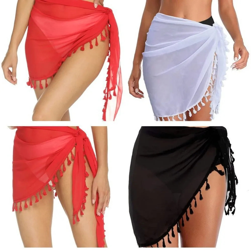 Women's Summer Beach Cover Up Asymmetrical Fringe Wrap Skirt Bikini Sheer Chiffon Pareo - Boho Chic Resort Wear