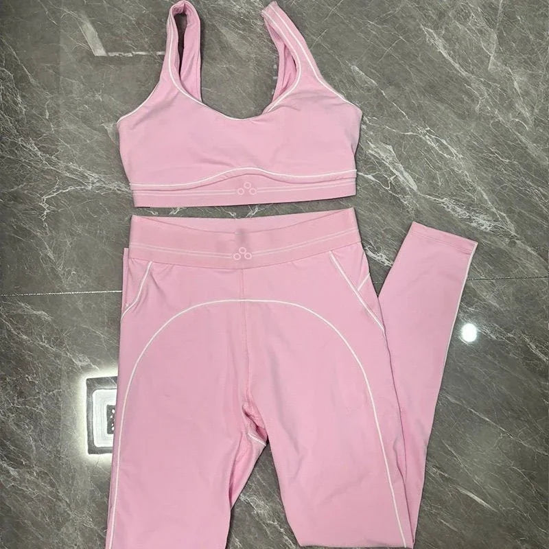 Women Seamless Yoga Pilates Sportswear Set High Waisted Training Running Fitness Vest and Tights Two Piece Activewear
