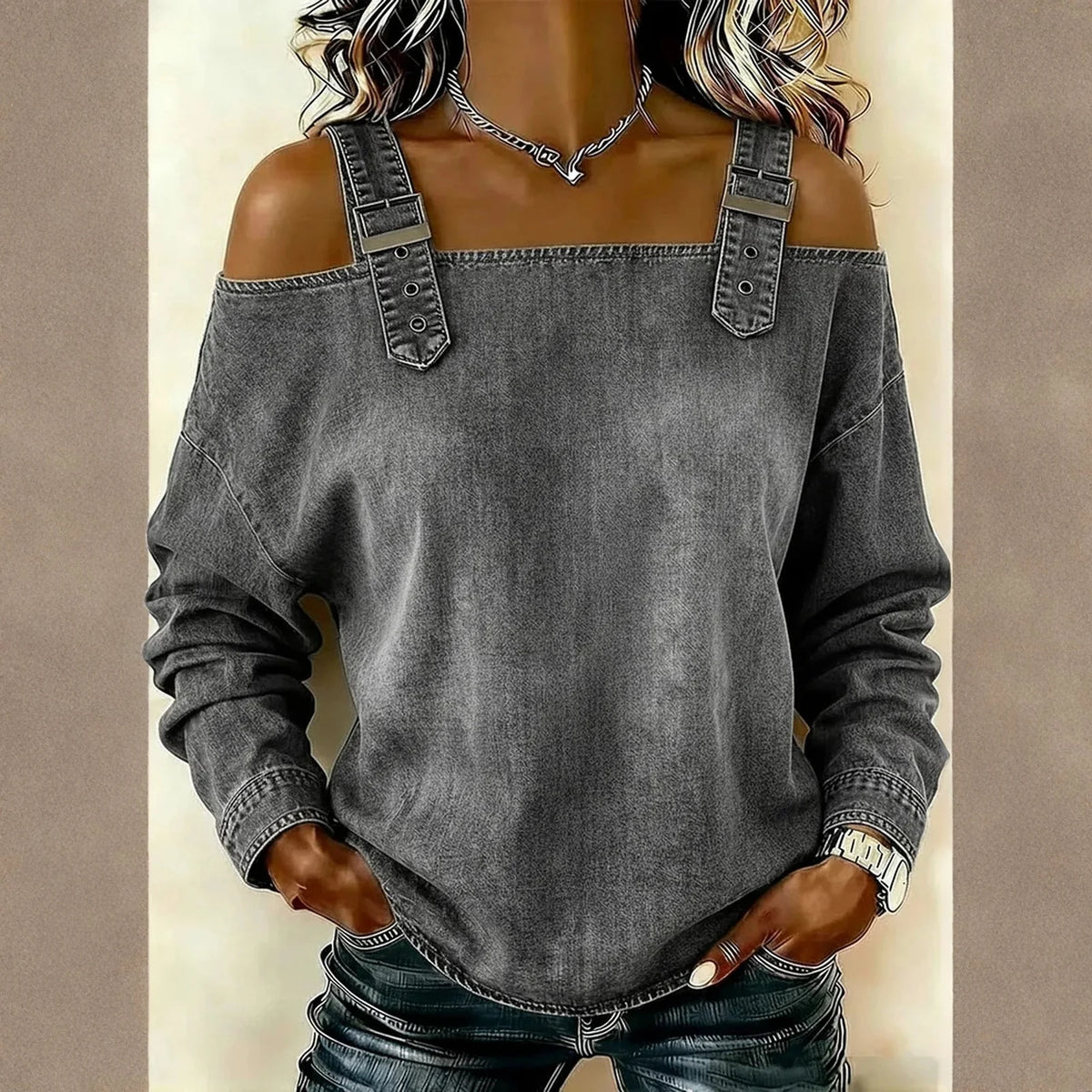 Women's Denim Top, Stylish Off-the-shoulder Long-sleeved Top with Shoulder Straps, Elegant and Versatile Denim Shirt, Streetwea