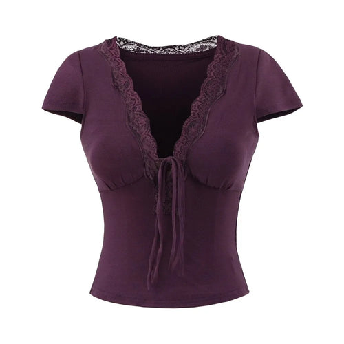 Chic V Neck Slim Crop Tops Short Sleeve Sweet Bottoming T-shirt Lace Elastic Camisole Streetwear women's t-shirts and polos