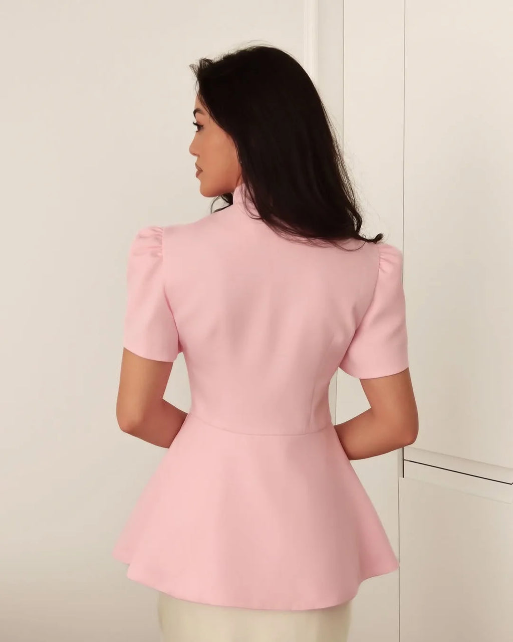 Women's Office Work Blazer Tops Stand Collar Puff Sleeve Peplum Hem Slim Black Elegant Business Casual Blouse for Ladies