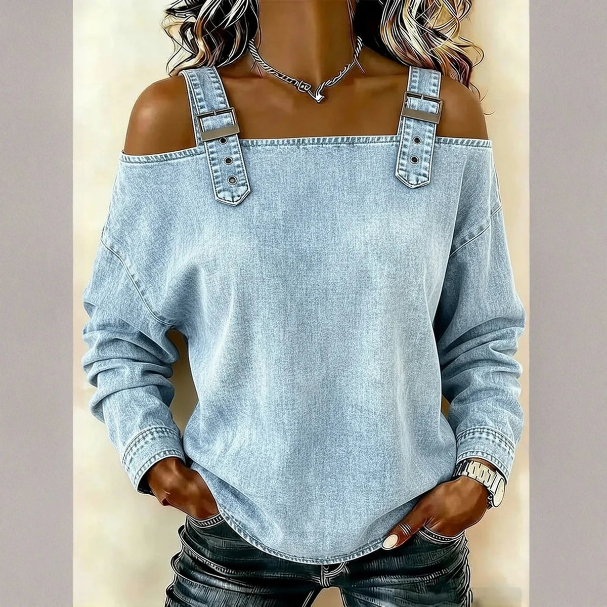 Women's Denim Top, Stylish Off-the-shoulder Long-sleeved Top with Shoulder Straps, Elegant and Versatile Denim Shirt, Streetwea