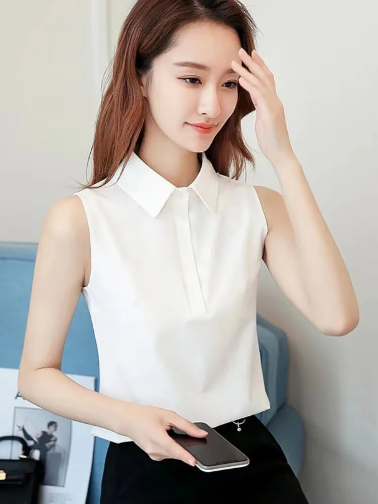 Office Work Wear Women Spring Summer Style Chiffon Blouses Shirts Lady Casual Sleeveless Turn-down Collar Blusas Tops