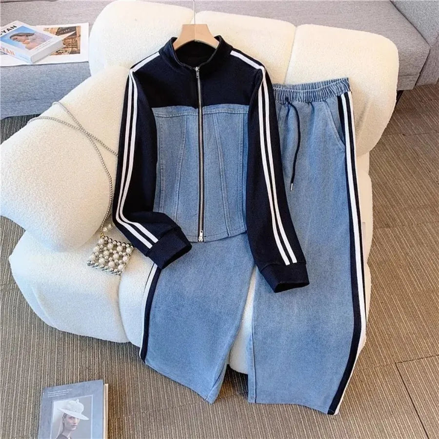 Women Denim 2 Piece Set Striped Long Jacket Lace Up Washed Distressed Wide Leg Pant Autumn Female 2025 Streetwear Matching Sets