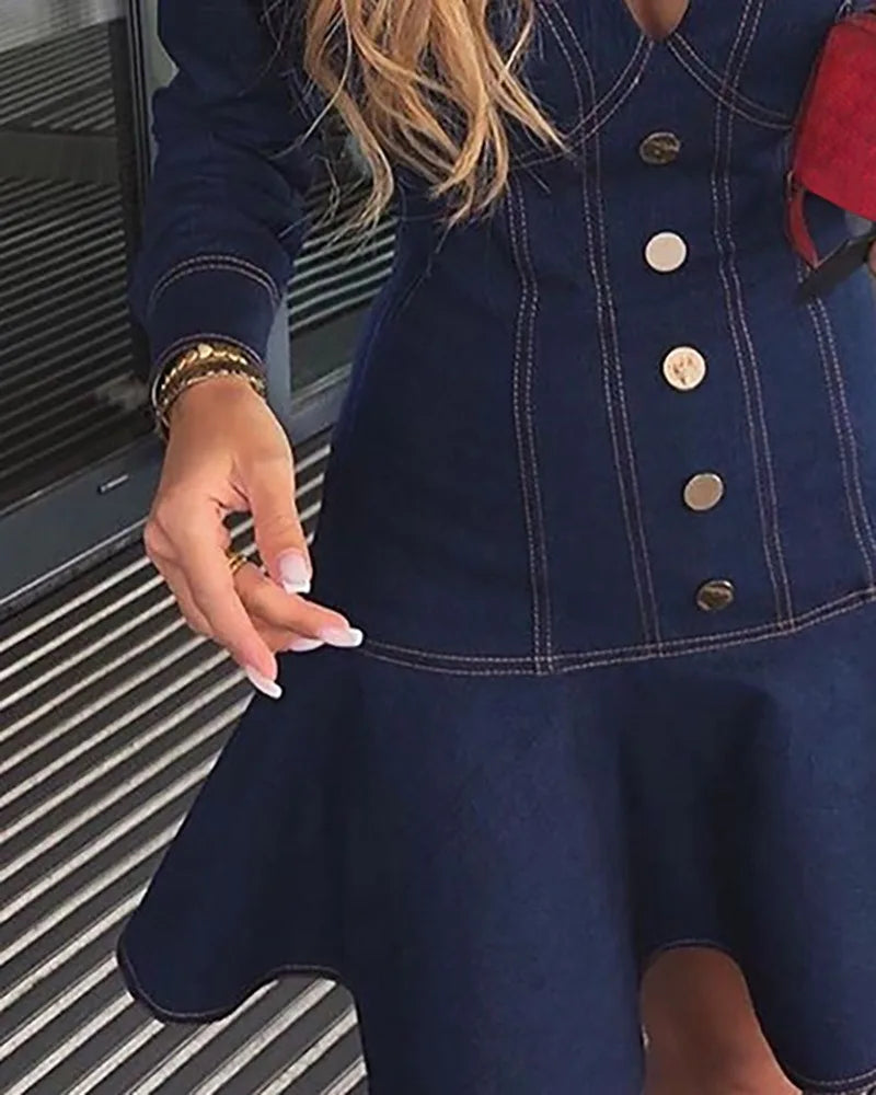 Denim Dresses Women Summer 2025 New Fashion Casual Bright Line Decoration Long Sleeves button Ruffle Hem Bodycon Mini Dresses
